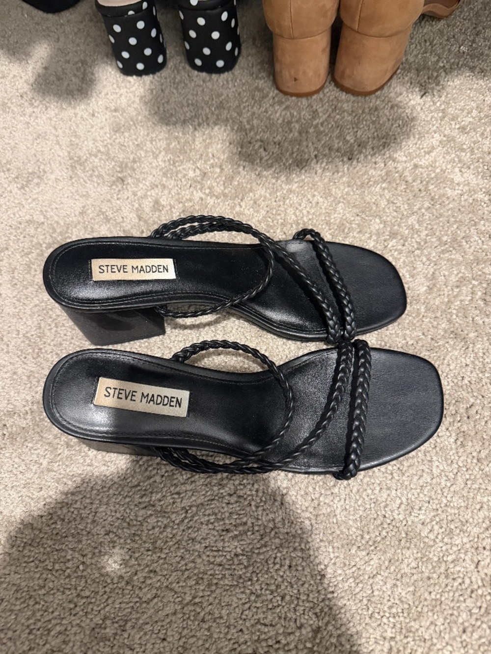 Steve Madden Black Braided Strap Block Heel Slide Sandals Size 8